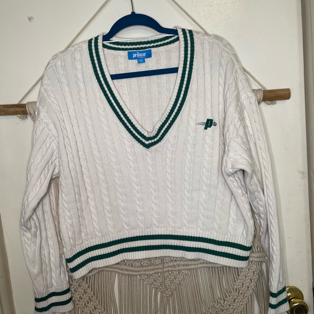 Prince V-Neck Sweater in White with Green Stripes